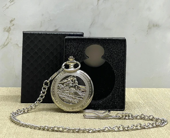 Özel Kutulu Tren Temalı Gümüş Köstekli Saat ürün görseli 1