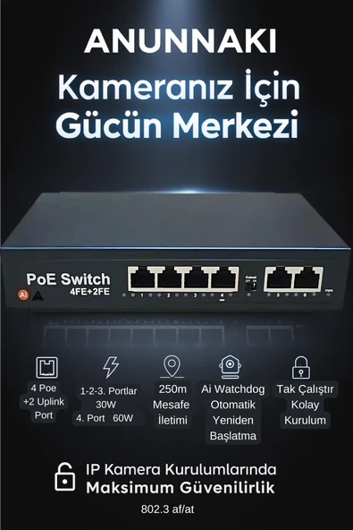 4 Port PoE + 2 Uplink 10/100 Switch (AN-1024MN) 60W AI Watchdog IP Kamera NVR Unmanaged PoE Switch - 4