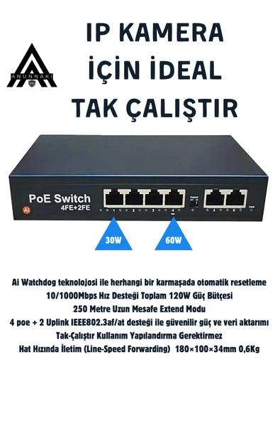 4 Port PoE + 2 Uplink 10/100 Switch (AN-1024MN) 60W AI Watchdog IP Kamera NVR Unmanaged PoE Switch - 2
