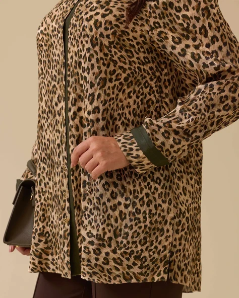Büyük Beden Leopar Desenli Düğmeli Gömlek Gala-Xi - 3