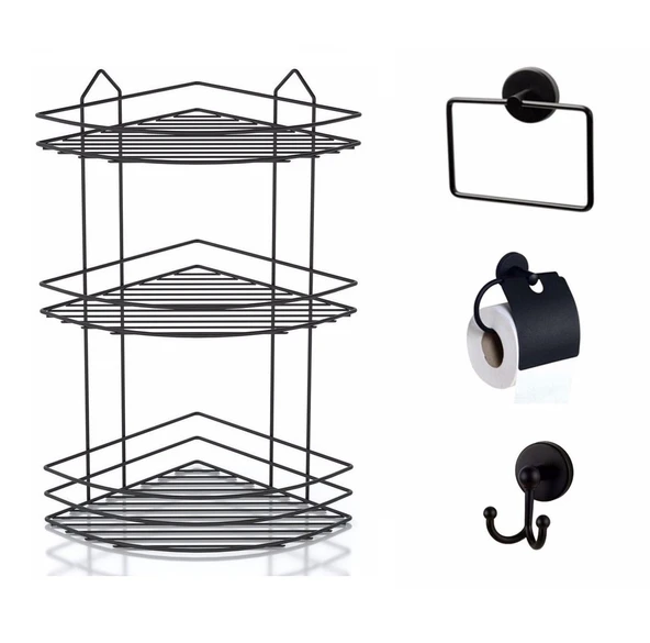 SAS Banyo Aksesuar Seti 4 Lü SİYAH , Ömür Boyu Paslanmaz Banyo Köşeliği Şampuanlık Rafı SİYAH EK-03