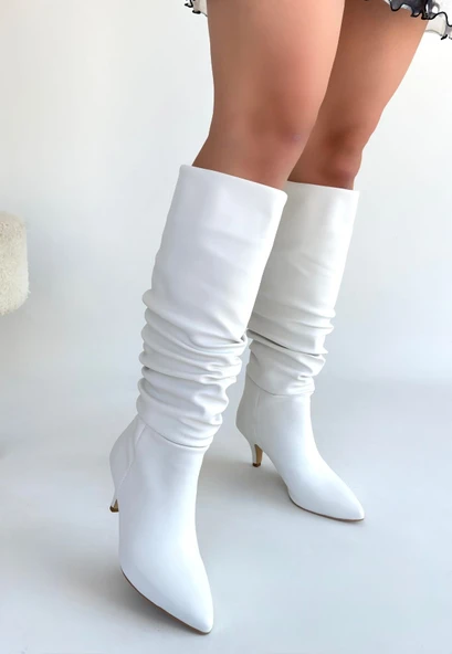 Zelya Beyaz Cilt Topuklu Çizme - Resim 3