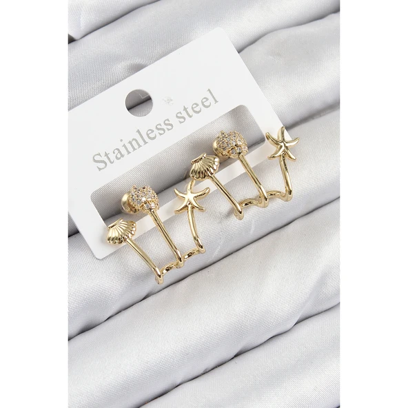 Pirinç Zirkon Taşlı Deniz Yıldızı ve İstiridye Model Gold Renk Kadın Küpe