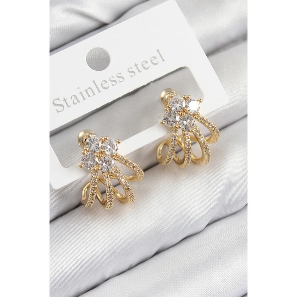 Pirinç Zirkon Taşlı Model Gold Renk Kadın Küpe
