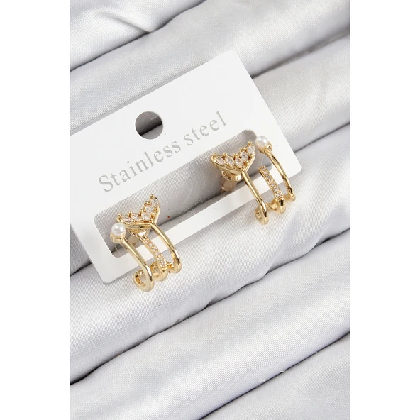 Pirinç Zirkon Taşlı İnci Detaylı Balık Kuyruğu Model Gold Renk Kadın Küpe