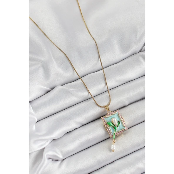 316L Çelik Zincir Turkuaz Sanatsal Portre Sallantılı İnci Detaylı Lale Model Gold Renk Kadın Kolye Vice-5353 - 2