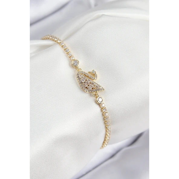 Pirinç Zirkon Taşlı Kuğu Model Gold Renk Kadın Bileklik Vice-5353