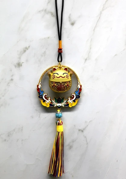 Renkli Püsküllü Şans Kedisi Feng Shui Askılık ürün görseli 1