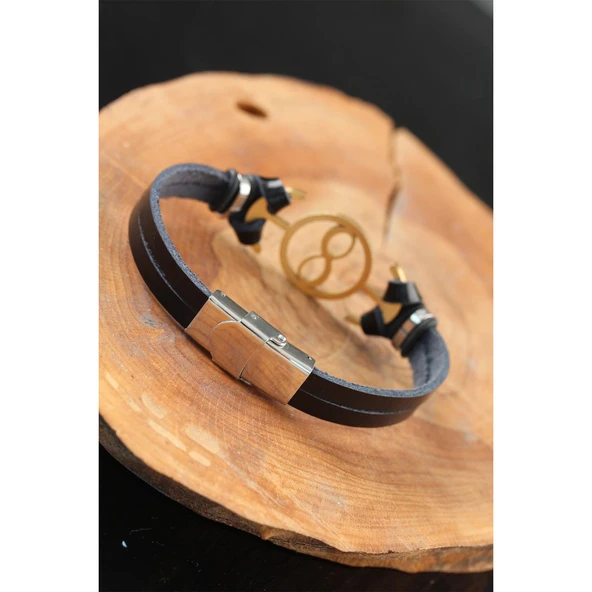 Gold Renk Sonsuzluklu Metal Aksesuarlı Siyah Renk Deri Erkek Bileklik - 2
