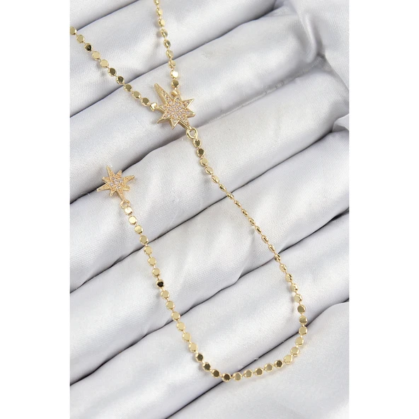 Pirinç Zirkon Taşlı Ezme Zincirli Kutup Yıldızı Model Gold Renk Y Kolye