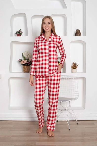 Kadın Ekose Desen Gömlek Yaka Önden Düğmeli %100 Pamuk Penye Mevsimlik Uzun Kol Cepli Pijama Takımı - 11