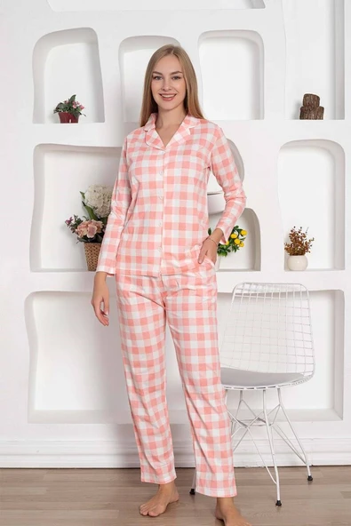 Kadın Ekose Desen Gömlek Yaka Önden Düğmeli %100 Pamuk Penye Mevsimlik Uzun Kol Cepli Pijama Takımı - 6