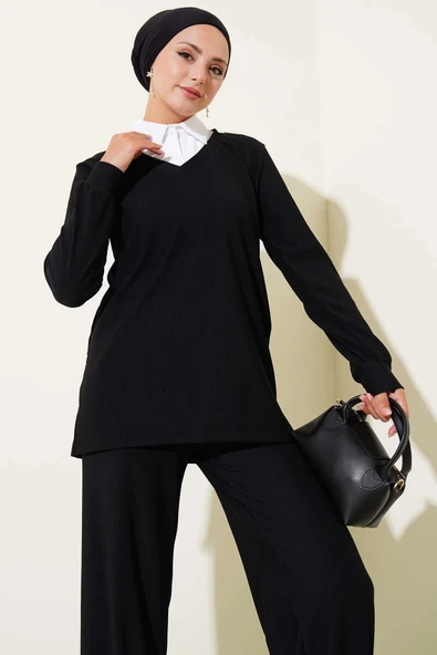 Gömlek Yaka Fitilli Salaş İkili Takım siyah T4300 - 4
