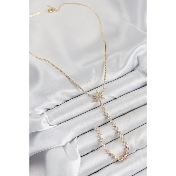 Pirinç Zirkon Taşlı Kutup Yıldızı Model Gümüş Renk Y Kolye - 2