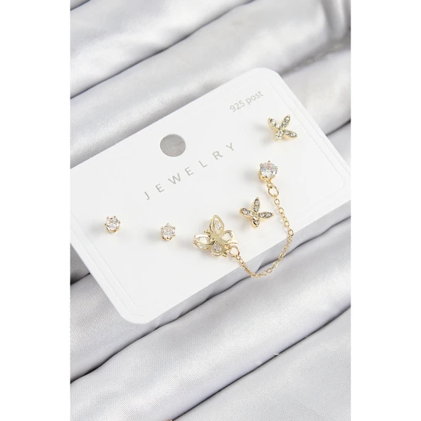 Pirinç Zirkon Taşlı Kelebek Model Gold Renk 925 Ayar Gümüş Çivi Kadın Küpe Set