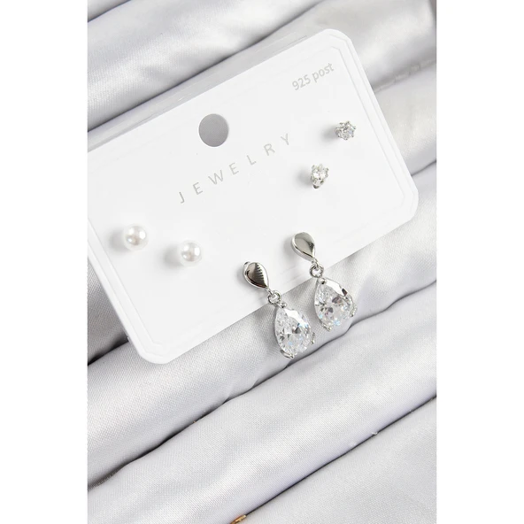 Pirinç Zirkon Taşlı Sallantılı Damla Model Gümüş Renk 925 Ayar Gümüş Çivi Kadın Küpe Set