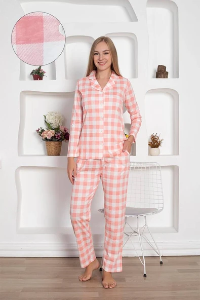 Kadın Ekose Desen Gömlek Yaka Önden Düğmeli %100 Pamuk Penye Mevsimlik Uzun Kol Cepli Pijama Takımı - 5