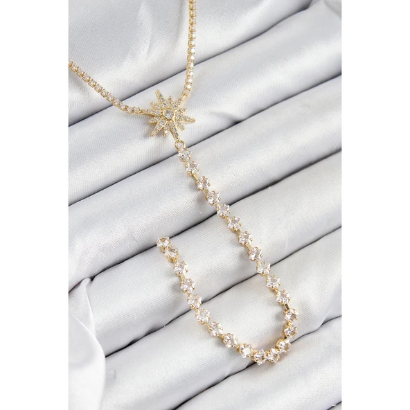 Pirinç Zirkon Taşlı Kutup Yıldızı Model Gümüş Renk Y Kolye