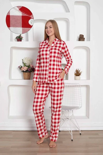 Kadın Ekose Desen Gömlek Yaka Önden Düğmeli %100 Pamuk Penye Mevsimlik Uzun Kol Cepli Pijama Takımı - 10