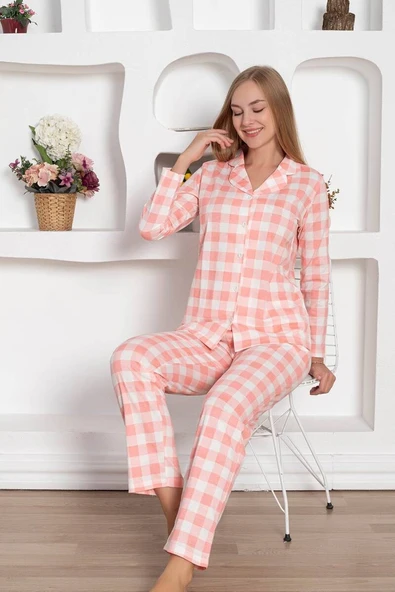 Kadın Ekose Desen Gömlek Yaka Önden Düğmeli %100 Pamuk Penye Mevsimlik Uzun Kol Cepli Pijama Takımı - 7