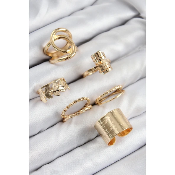 Pirinç Yaprak Model Gold Renk Kadın Yüzük Kombin Set