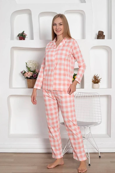 Kadın Ekose Desen Gömlek Yaka Önden Düğmeli %100 Pamuk Penye Mevsimlik Uzun Kol Cepli Pijama Takımı - 9