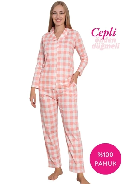 Kadın Ekose Desen Gömlek Yaka Önden Düğmeli %100 Pamuk Penye Mevsimlik Uzun Kol Cepli Pijama Takımı - 3