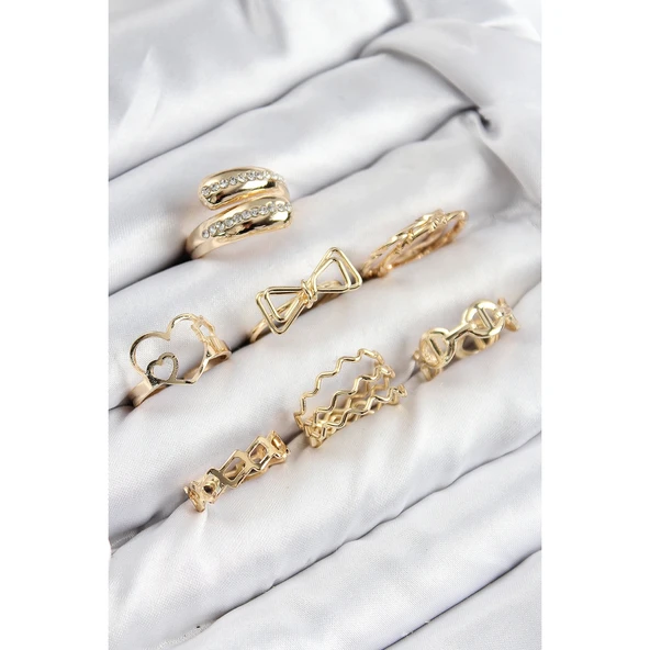 Pirinç Zirkon Taşlı Fiyonk Ve Kalp Model Gold Renk Kadın Yüzük Kombin Set