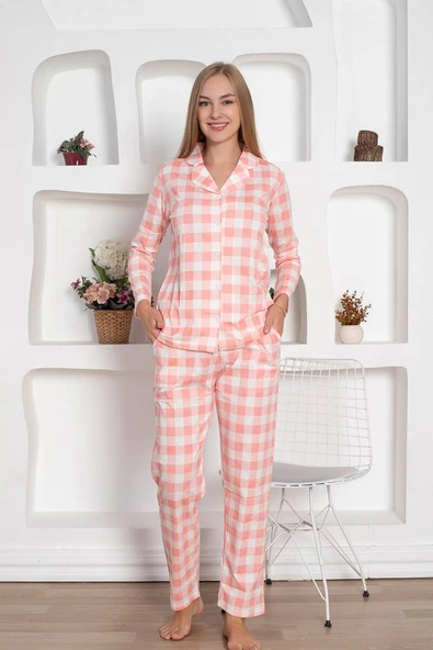 Kadın Ekose Desen Gömlek Yaka Önden Düğmeli %100 Pamuk Penye Mevsimlik Uzun Kol Cepli Pijama Takımı - 8