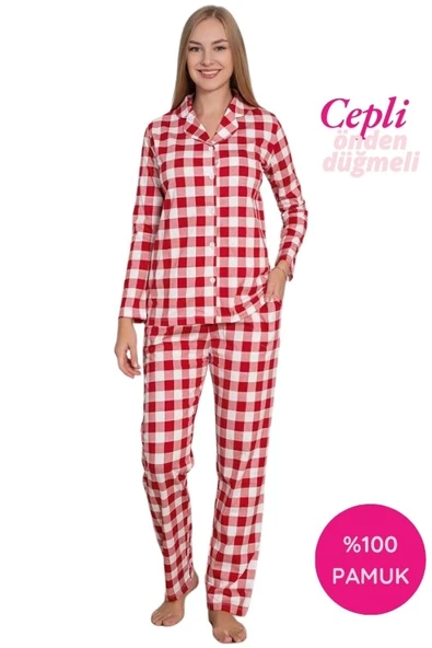 Kadın Ekose Desen Gömlek Yaka Önden Düğmeli %100 Pamuk Penye Mevsimlik Uzun Kol Cepli Pijama Takımı - 2