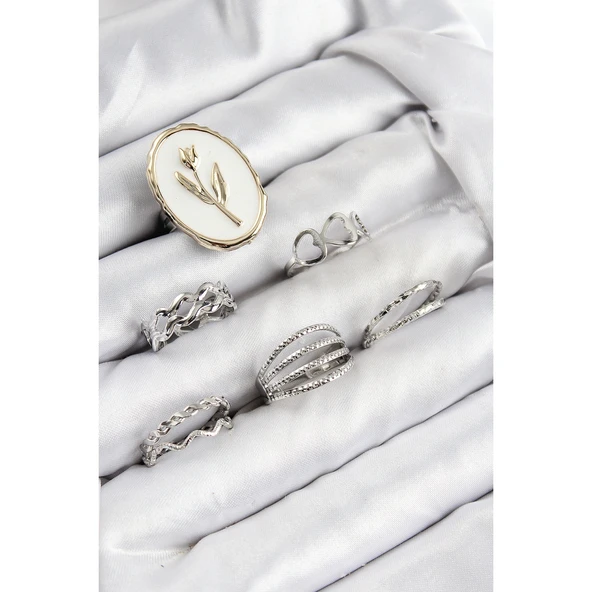 Pirinç Zirkon Taşlı Lale Model Gümüş Renk Kadın Yüzük Kombin Set