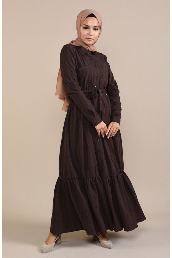 Cepli Boydan Düğmeli Kuşaklı Elbise