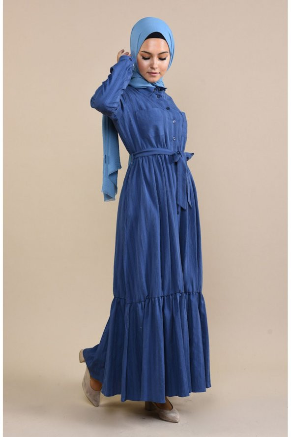 Cepli Boydan Düğmeli Kuşaklı Elbise