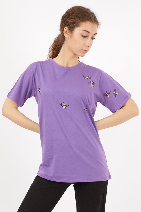 Kadın Bisiklet Yaka Baskılı Oversize T-Shirt