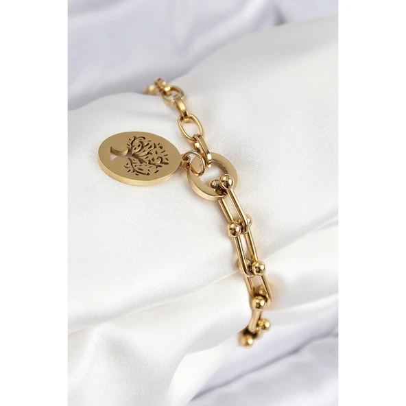 316L Çelik Tifany Ağaç Model Gold Renk Kadın Bileklik Vice-5353