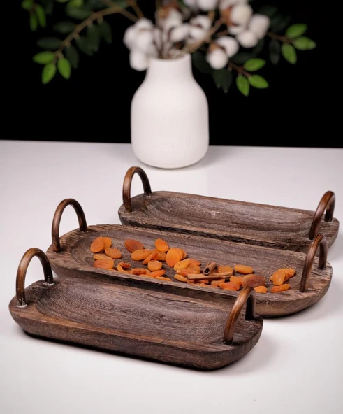 Bambum 3 Parça Pavlonya Deepwood Ahşap Sunum Seti – Kulplu Dikdörtgen Servis Tabakları ürün görseli