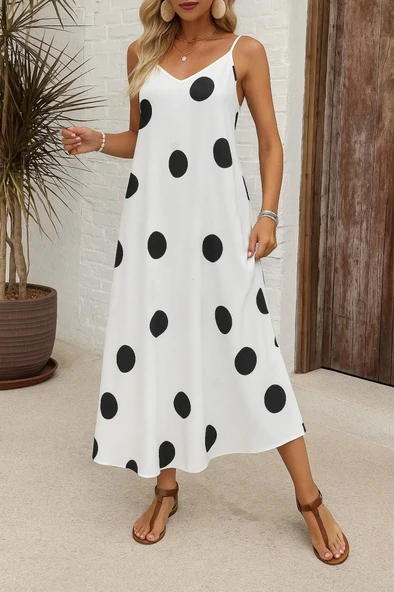 Kadın Ip Askılı Geniş V Yakalı Desenli Süprem Elbise ürün görseli