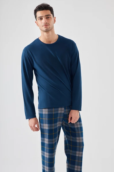 Erkek Yumuşak Dokulu Lacivert Ekose Desenli Pijama Takımı - 3