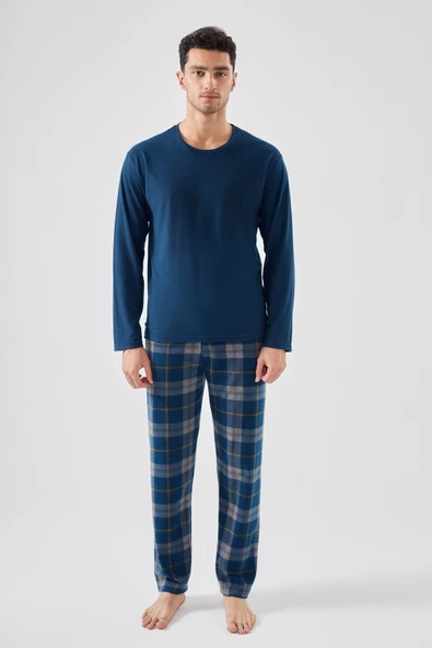Erkek Yumuşak Dokulu Lacivert Ekose Desenli Pijama Takımı - 1