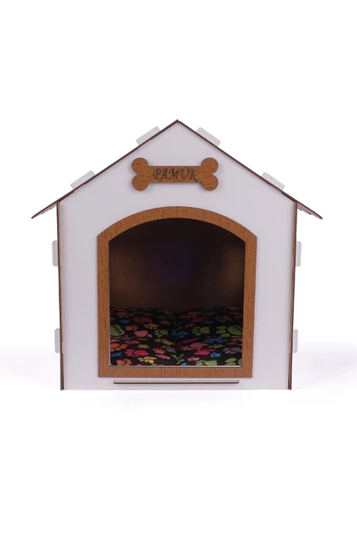 Ahşap Özel İsim Baskılı Dekoratif Köpek Evi-Kulübesi, Küçük Irk Köpekler İçin Kulübe, Köpek Kulübesi Beyaz-Kahverengi - 2