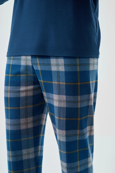 Erkek Yumuşak Dokulu Lacivert Ekose Desenli Pijama Takımı - 4