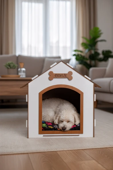 Ahşap Özel İsim Baskılı Dekoratif Köpek Evi-Kulübesi, Küçük Irk Köpekler İçin Kulübe, Köpek Kulübesi Beyaz-Kahverengi