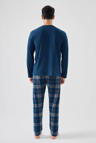Erkek Yumuşak Dokulu Lacivert Ekose Desenli Pijama Takımı - 2