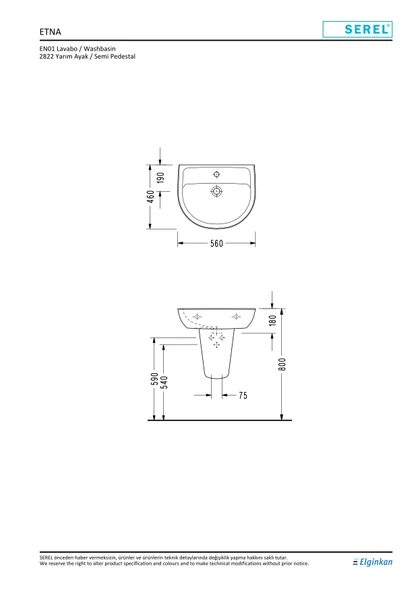 Serel Etna 46x56 cm Yarım ayaklı Lavabo EN01+2822 - 2