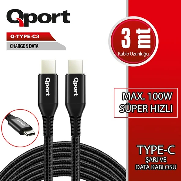 QPORT Q-TYPE-C3 3metre TYPE-C Görüntü Kablosu ürün görseli 1