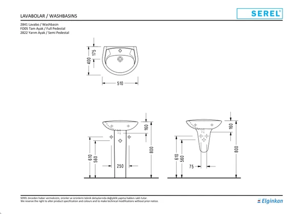 Serel Etna 46x56 cm Yarım ayaklı Lavabo EN01+2822 - 3