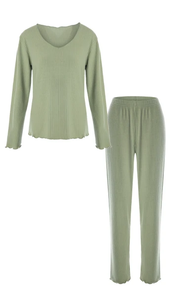 Kadın Yumuşak Dokulu Fitilli Süs Dikişli Soft Touch Pijama Takımı - 1
