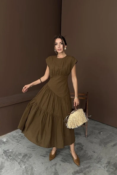 Kahverengi Büzgü Detaylı Keten Elbise - Resim 2