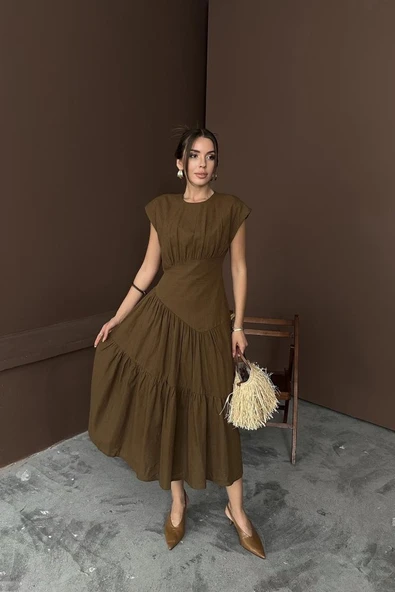 Kahverengi Büzgü Detaylı Keten Elbise - Resim 3