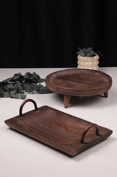 Bambum 2 Parça Pavlonya Elegant Ahşap Sunum ve Servis Seti – Kulplu Dikdörtgen ve Yuvarlak Servis Tabakları ürün görseli